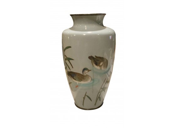 Vintage Signed Asian Cloisonne Over Silver Vase With Ducks