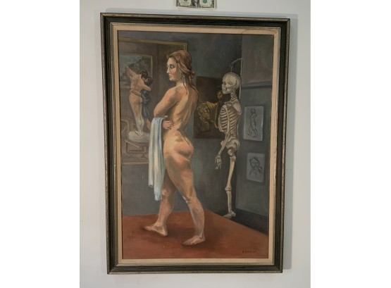 Original Mid Century  Oil On Canvas Of A Nude Woman With Skeleton Signed B. Dahlin