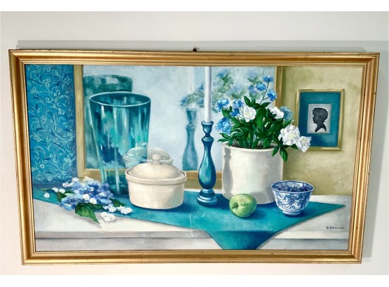 Oil On Canvas Framed Table Still Life With Mirror Reflections In Blue, Signed