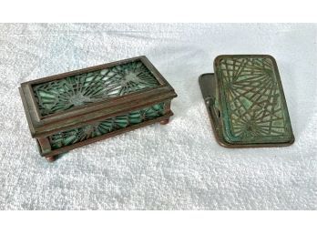 2 Antique Tiffany Studios Pine Needle Pattern Paper Clip & Box
