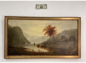 Antique 19th Century Hudson River Oil Painting On Canvas