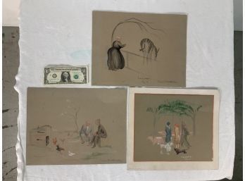 3 Watercolor & Crayon On Paper Signed Francis Wakeman