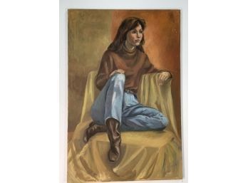 Original Oil On Canvas Painting Of A Young Woman Seated