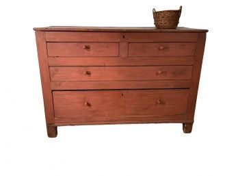 Antique 18th Century Paneled 1drawer Chest With Old Red Painted Surface