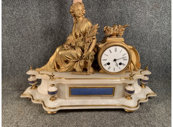 Antique French Gilded Bronze And Marble Figural Table Clock Classical Figure & Enameled Panels