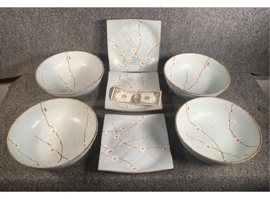 7 Pieces Mid Century Asian Hawthorn Pattern Pottery Signed By Artist