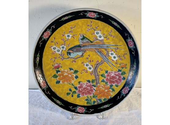 Antique Chinese Saffron Yellow Charger With Exotic Birds