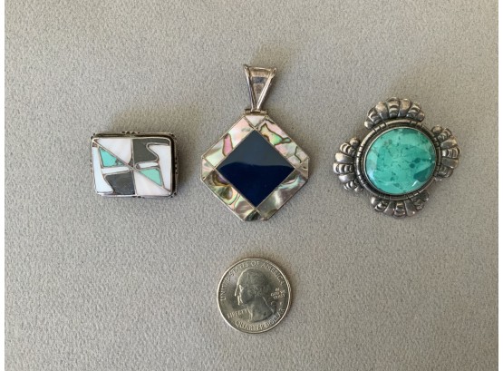 3 Vintage Southwest Style Sterling Pins With Stones