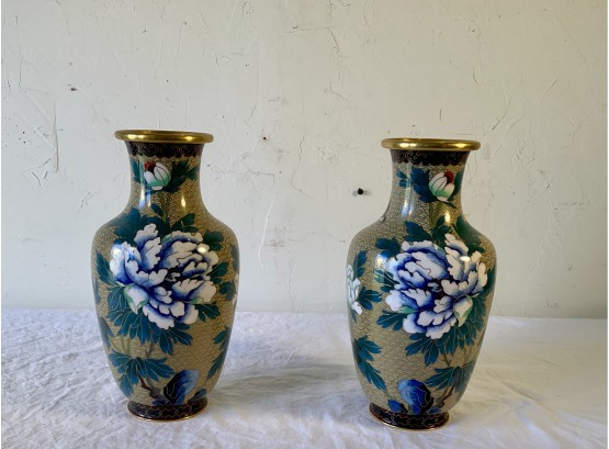 Pair Of Vintage Cloisonn Vases , 10.5 X 4.5