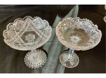 Pair Of Cut Glass Pedestal  Candy Dishes Measurements 6- 6-1/2 “ Diameter X 8 High