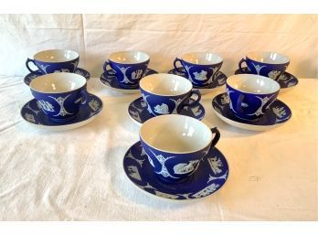 8 Vintage Wedgwood Dark  Cobalt Blue Jasperware Cups & Saucers