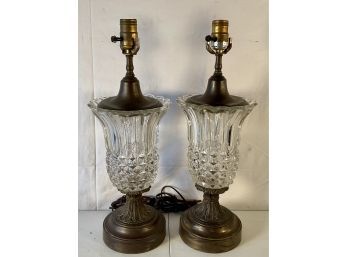 Pair Elegant Vintage Heavy Crystal And Brass Lamps