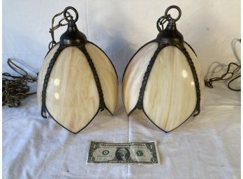 Pair Vintage Slag Glass Hanging Lamps Swag
