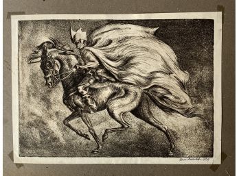 Original Karen Bachelder Fantasy Horse & Rider Etching Dated  4-79