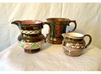 Trio Of Antique Copper Luster Pitchers & Mug Wedgwood