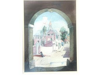 Original Watercolor On Paper St. Augustine Florida With  American Flag Signed Stroud