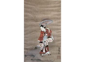 Antique Japanese Edo Period Wood Block Hand Colored Print Signed Toril Kiyonobu