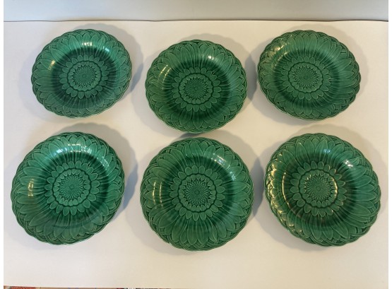 Set Of 6 Antique Wedgwood Green Majolica Sunflower Plates
