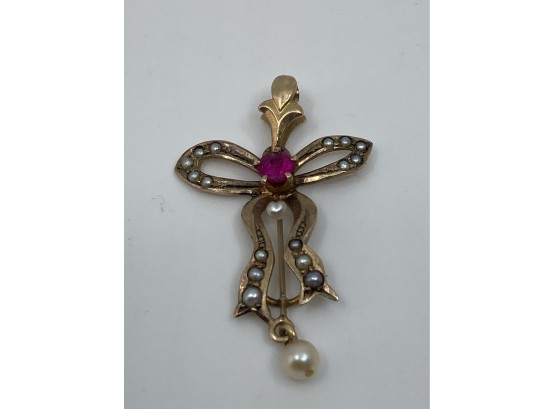 Vintage 10K Gold Angel Charm Pendant With Ruby And Pearls