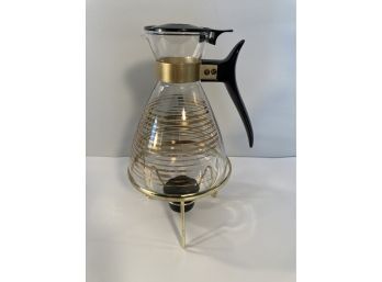 Vintage MCM Pyrex Coffee Carafe / Warmer On Gold Metal Stand