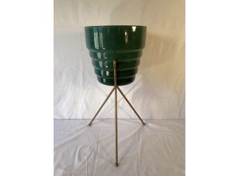 Mid-Century Modern Haeger Green Pottery Jardiniere With Tripod Stand