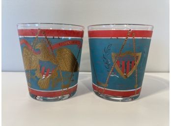 Pair Mid Century Vintage Cera E Pluribus Unum Blue Red Gold Eagle 6 Oz Rocks Glasses