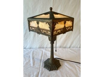 Antique Arts & Crafts Slag Glass Scenic Lamp Petite Size