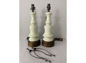 Pair Of Vintage Porcelain Pale Green Crackle Glaze Lamps