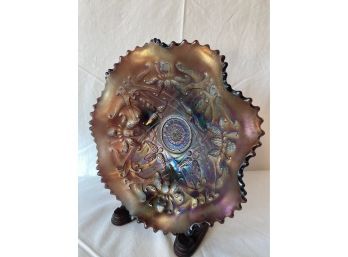 Northwood Purple Amethyst Iridescent Carnival Glass Wishbone Pattern Footed Bowl