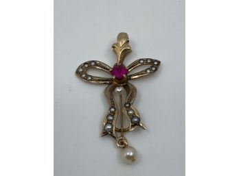 Vintage 10K Gold Angel Charm Pendant With Ruby And Pearls