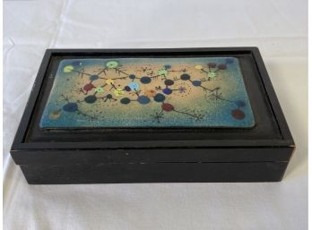 Mid-century Modern Wooden Box With Copper Enamel Plaque