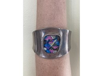 Mexico Sterling Cuff Bracelet With Colorful Abstract Resin 925