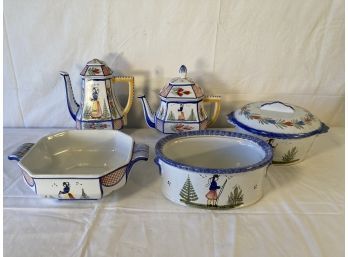 5 Pc. Lot Quimper French Faience Coffee Tea Pots Dishes