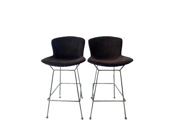 Pair Harry Bertoia For Knoll Counter Stools With Black Suede Seats (A)