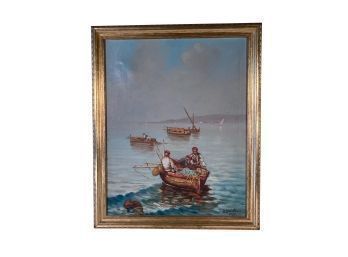 Vintage Italian Impressionist Oil Painting Of Men On Boats Signed And Dated