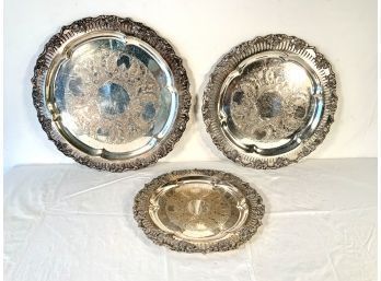 Trio Of Very Fancy Vintage Sheffield Silverplated Party Serving Trays Circa 1920s