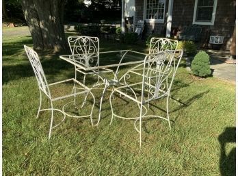 Vintage Wrought Iron.  Salterini Table With Glass Top,  And 4 Woodard Chairs.