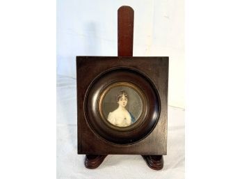 Miniature Hand Painted Portrait On Ivory Framed In Wood Signed