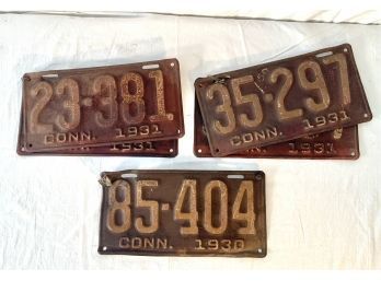 5 Metal Connecticut License Plates From 1930-1935