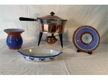 Interesting Lot Of  Mid-Century  Signed Pottery, Cast Iron & Copper