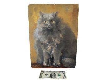 Seated Persian Cat Portrait Oil Painting On Board Signed