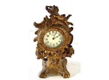 Antique New Haven Clock With Cherub And Porcelain Dial & Candle Holders