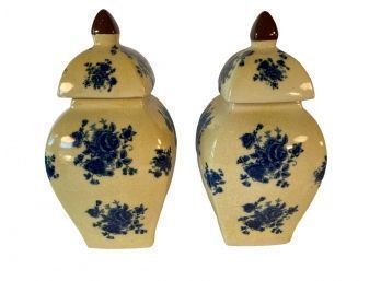 Pair Decorative Yellow And Blue Covered Jar By Baum Brothers Formalities