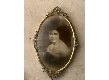 Antique Bubble Glass Oval Metal Frame With Portrait