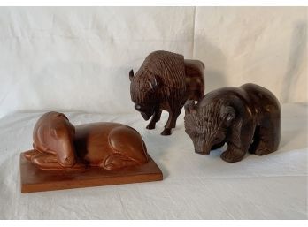 Trio Of Vintage Hand Carved Wooden Animals