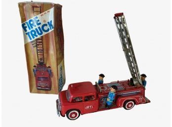 Vintage Tin Toy Friction Fire Truck In Box