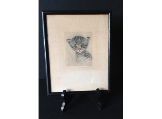 Vintage Etching Of A Blue Eyed Kitten Hand Colored Signed By Artist In Pencil