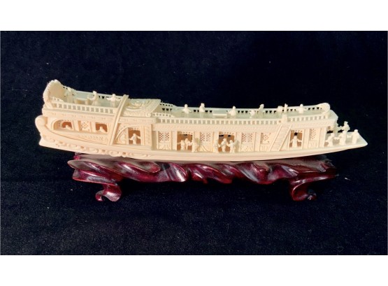 Carved Chinese Junk Style Long Boat Natural Bovine Bone