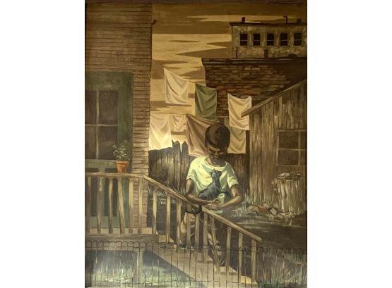 Mid Century Original Oil On Artist Board Painting New Haven Tenement Building With Cat & Child