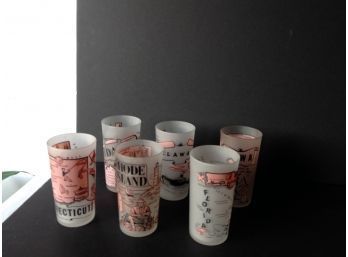 Lot #2: 6 Mid Century Pastel Pink Frosted Glasses U.S.states